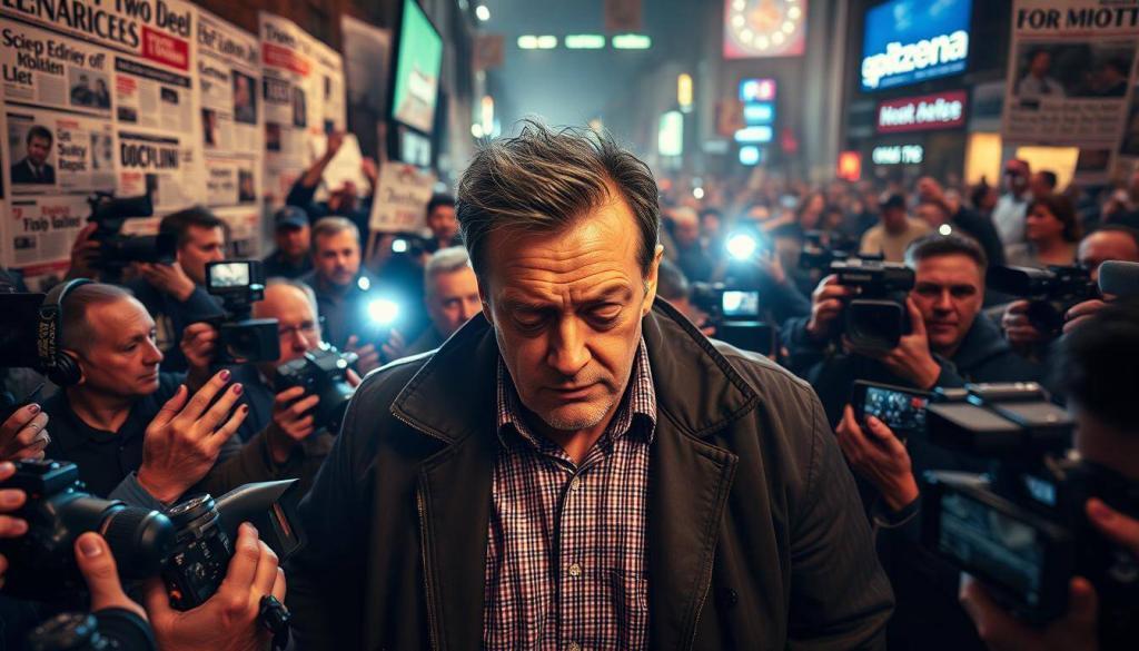 A high-profile media frenzy surrounds Leonard Kramer, a polarizing public figure, as he finds himself embroiled in a whirlwind of rumors and scandals. In the foreground, Kramer stands amidst a swarm of flashing paparazzi cameras, his expression a mix of defiance and discomfort. The middle ground features a backdrop of headline-splashed newspapers and social media feeds, capturing the relentless public scrutiny. In the distance, a hazy, out-of-focus crowd of onlookers and spectators symbolizes the constant attention and commentary that surrounds Kramer's personal and professional life. The lighting is dramatic, with sharp contrasts and shadows, heightening the sense of drama and tension. The overall mood is one of turbulence, intrigue, and the inescapable nature of modern media sensationalism.