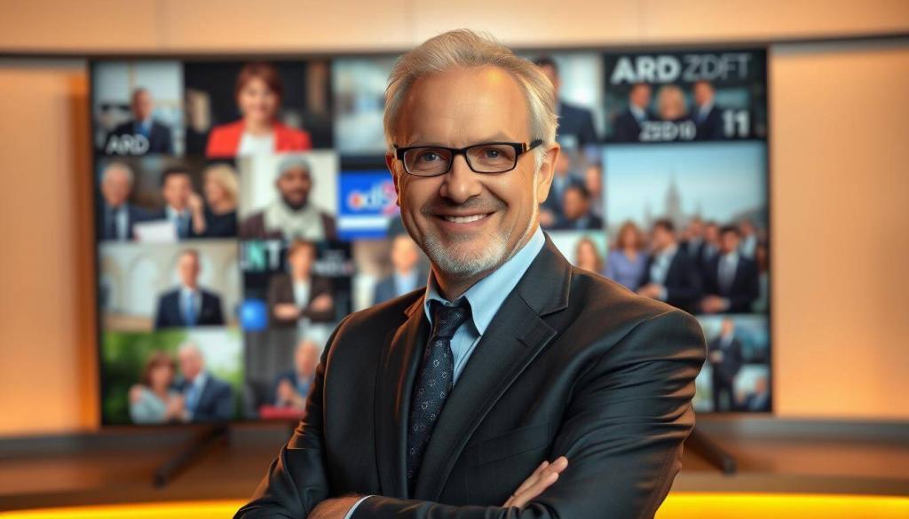 A high-quality portrait of Jörg Pilawa set against a backdrop of his successful media career. Pilawa stands in the foreground, dressed in a smart suit, with a friendly and confident expression. Behind him, a montage of images depicting his rise from radio broadcaster to popular TV presenter on channels like ARD, ZDF, and Sat.1. The background is softly blurred, allowing the viewer to focus on Pilawa's face and the visual narrative of his accomplished career. Warm, directional lighting illuminates Pilawa, creating a sense of professionalism and achievement. The overall composition and style convey Pilawa's transition from radio to becoming a household name in German television.