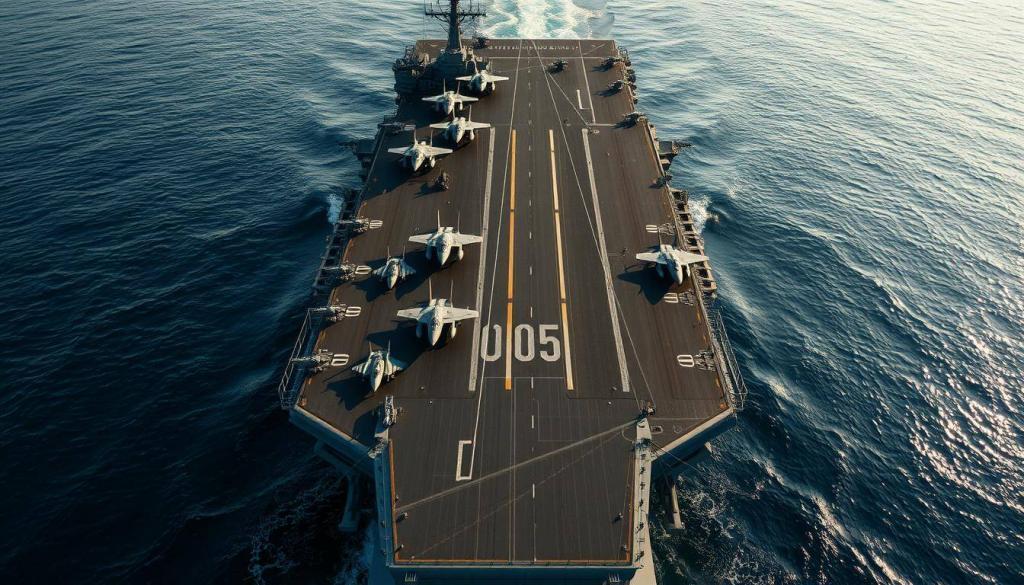 A high-resolution aerial view of the expansive flight deck of the USS Gerald R. Ford, the newest and largest aircraft carrier in the United States Navy. The massive steel-gray vessel is surrounded by a tranquil ocean, its sleek silhouette cutting through the calm waters. The flight deck is bustling with activity, as a variety of advanced fighter jets and helicopters are neatly arranged, their sharp angles and vibrant colors adding visual interest to the scene. The deck is illuminated by the warm glow of the sun, casting long shadows and highlighting the intricate details of the ship's superstructure. The overall atmosphere conveys a sense of power, technology, and the sheer scale of this impressive warship.