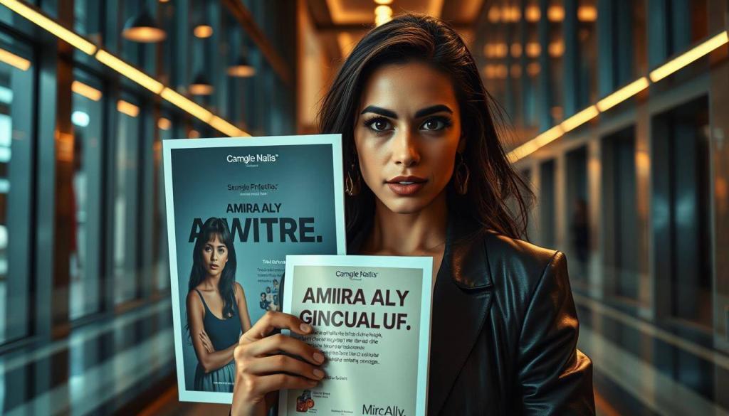 A high-resolution, hyper-realistic image of a controversial advertising campaign featuring Amira Aly, depicted with a critical, skeptical tone. The scene shows the campaign materials prominently displayed, with a backdrop of a sleek, modern urban setting. The lighting is dramatic, with a mix of warm and cool tones, creating a sense of tension and unease. The composition emphasizes the tension between the polished presentation and the underlying critiques, inviting the viewer to scrutinize the campaign's authenticity and motivations. The overall mood is one of careful examination, challenging the viewer to look beyond the surface-level appeal of the advertisement.