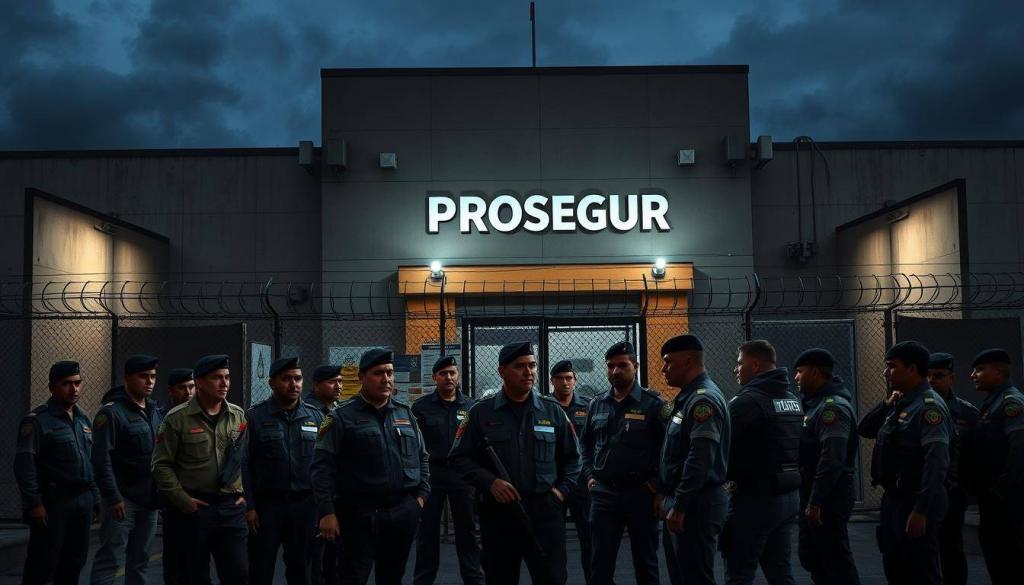A high-security facility of Prosegur, the armored cash transport company, stands against a backdrop of imposing concrete walls and barbed wire fences. The building's facade is adorned with surveillance cameras and security signage, exuding an air of vigilance and uncompromising protection. The scene is illuminated by harsh, clinical lighting that casts sharp shadows, creating a sense of tension and unease. In the foreground, a group of uniformed security personnel gather, their expressions serious and their body language conveying a sense of urgency, as they respond to a security incident that has disrupted the facility's operations.