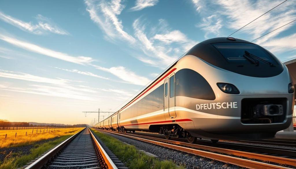 A high-speed train gliding through a pristine landscape, its sleek exterior gleaming under the warm afternoon sun. The tracks stretch out in the foreground, leading the eye towards the distant horizon. Wispy clouds dot the azure sky, creating a sense of tranquility and efficiency. In the middle ground, a modern railway station with its angular architecture and clean lines, a symbol of German engineering and punctuality. The train's punctuality is emphasized through its precise alignment with the platform, reflecting the importance of timeliness in the Deutsche Bahn's operations. The overall mood conveys a sense of reliability, professionalism, and the steady progress of the nation's transportation network.