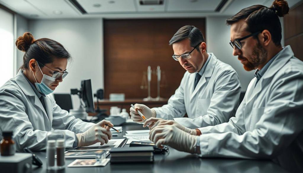 A high-stakes courtroom scene with forensic experts meticulously analyzing evidence under intense scrutiny. A sleek, minimalist setup with state-of-the-art equipment, muted lighting, and a clinical atmosphere. Tension and focus palpable as specialists in white lab coats and gloves carefully examine crime scene photos, fingerprints, and DNA samples. Serious expressions, furrowed brows, and an air of determined professionalism as they piece together the puzzle, leaving no stone unturned in the pursuit of justice. A sense of gravity and the weight of responsibility pervades the room, with the fate of the accused hanging in the balance.