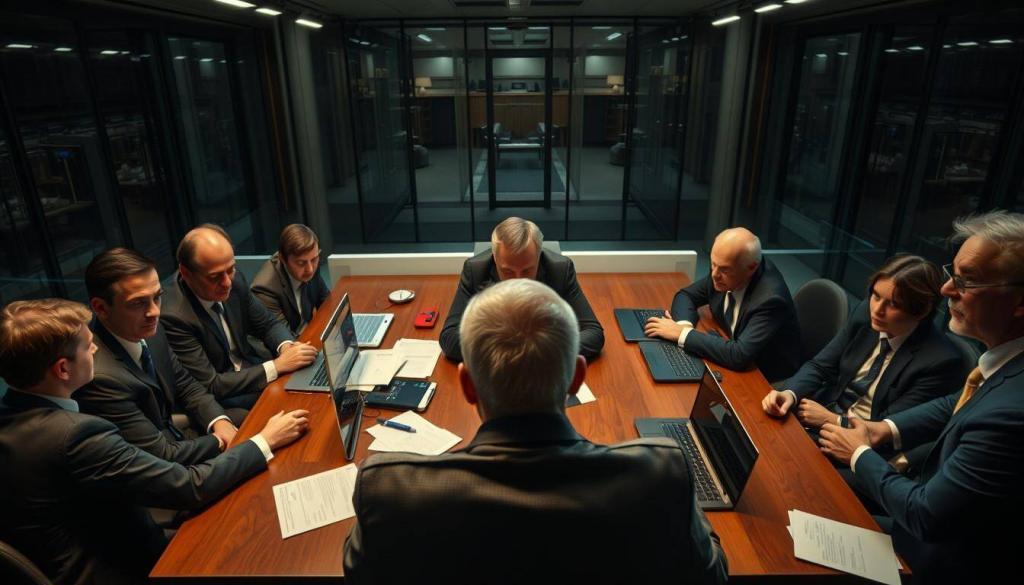 A high-stakes crisis meeting of Deutsche Bahn executives, captured in a dramatic overhead shot. In the foreground, a somber Richard Lutz sits at the head of the table, his body language tense as he faces mounting pressure. The middle ground is filled with his anxious leadership team, papers and laptops strewn about, expressions grave. The background hints at the vast, imposing Deutsche Bahn headquarters, all glass and steel, suggesting the gravity of the situation. Moody lighting casts shadows, creating an atmosphere of uncertainty and unease, as if the very walls are closing in on Lutz. A sense of impending change and transition permeates the scene.