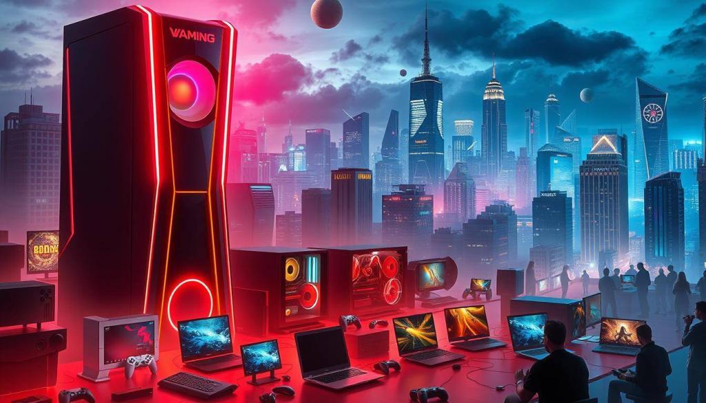 A hyper-competitive gaming landscape, with various gaming consoles, PCs, and mobile devices battling for market share. In the foreground, a towering, futuristic gaming tower dominates the scene, its sleek design and vibrant lighting signaling the cutting edge of gaming technology. In the middle ground, a diverse array of gaming rigs, from retro consoles to state-of-the-art gaming laptops, showcase the breadth of the gaming market. The background is filled with a dynamic cityscape, complete with skyscrapers, neon lights, and the faint silhouettes of gamers immersed in their devices. The overall atmosphere is one of intensity, innovation, and the relentless pursuit of gaming supremacy.