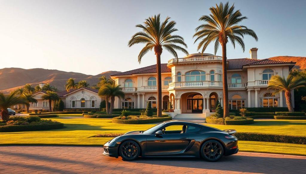 A lavish mansion set against a backdrop of rolling hills, with a sleek black sports car parked prominently in the foreground. The house is adorned with ornate architectural features and grand, arched windows, exuding an air of opulence and wealth. The manicured garden surrounding the property is meticulously landscaped, with towering palm trees and lush greenery. The lighting is warm and golden, casting a soft, inviting glow over the scene. The camera angle is slightly elevated, providing a panoramic view that captures the full splendor of Robert Geiss's impressive estate and the extent of his substantial net worth.