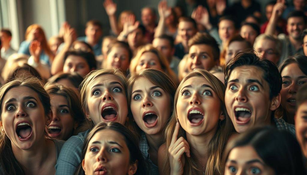 A lively crowd of diverse fans, their expressions ranging from excitement to concern, reacting to the news of a celebrity's recent beauty treatment. In the foreground, close-up shots capture their animated faces, with wide eyes, furrowed brows, and open mouths, conveying a palpable sense of curiosity and intensity. The middle ground features a mix of onlookers, some engaged in animated discussions, others observing pensively. The background is softly blurred, suggesting a bustling online or social media setting, where the news is being rapidly shared and debated. Warm, natural lighting creates a sense of authenticity, while a slightly cinematic angle adds depth and drama to the scene.