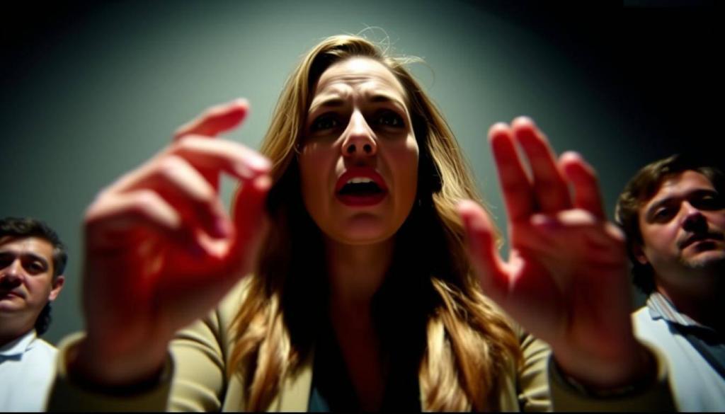 A livestream recording of Natalie Reynolds, an influential social media figure, engulfed in controversy. The frame captures her impassioned gestures as she addresses the camera, her expression a mix of desperation and defiance. The background is blurred, drawing the viewer's focus to the central figure. Dramatic, high-contrast lighting casts sharp shadows, creating a sense of intensity and urgency. The camera angle is slightly low, giving the impression of the viewer being a witness to this unfolding event. The mood is tense and charged, reflecting the gravity of the situation depicted.