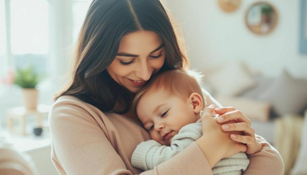 A loving mother tenderly cradling her child, soft natural light illuminating their embrace. In the foreground, the mother's gentle expression and nurturing gesture conveying a profound sense of care and affection. In the middle ground, the child's peaceful, content face nestled against the mother's chest. In the background, a warm, cozy domestic setting, hinting at the secure and loving family environment. The scene evokes a serene, intimate mood, capturing the essence of a mother's cherished role in her child's life.