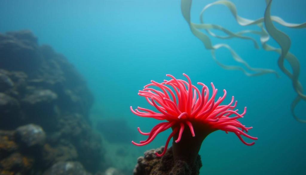 A lush, underwater scene with a vibrant, swaying anemone taking center stage. The anemone's delicate, crimson tentacles sway gently in a current, their mesmerizing movements creating a captivating focal point. The mid-ground features a serene, blue-green hue, with hints of rocky outcroppings and kelp swaying in the distance. The background is blurred, creating a sense of depth and focus on the anemone. Soft, diffused lighting bathes the scene, lending a dreamlike, almost ethereal quality. The overall composition evokes a sense of tranquility and the anemone's symbolic significance as a representation of rebirth, resilience, and the ebb and flow of life.
