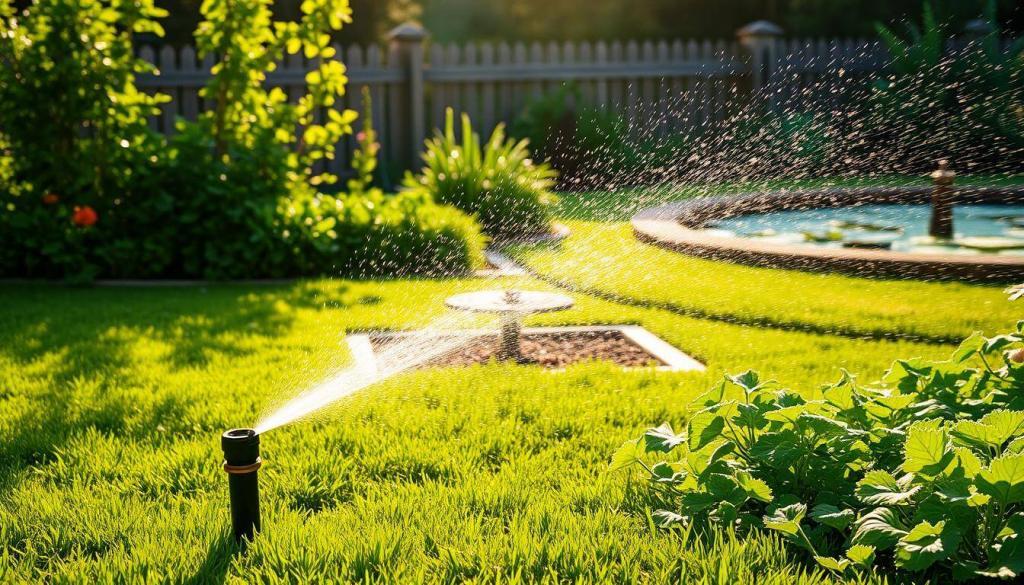 A lush, verdant garden scene bathed in the warm glow of the afternoon sun. In the foreground, a sprinkler system gently sprays water over a well-manicured lawn, with droplets catching the light and creating a mesmerizing display. In the middle ground, thriving flower beds and healthy vegetable plants soak up the moisture, their vibrant colors and textures contrasting beautifully. The background features a picturesque wooden fence, behind which a tranquil pond reflects the surrounding greenery. The overall atmosphere conveys a sense of peaceful serenity, with the optimal watering times enhancing the garden's vitality and natural beauty.