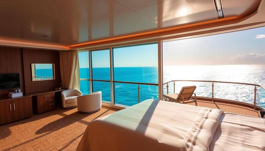 A luxurious cruise ship cabin with a panoramic ocean view, bathed in warm, golden afternoon light. The foreground features a spacious, elegantly furnished interior with a plush, king-size bed, high-end furnishings, and large windows that offer a breathtaking vista of the sparkling azure sea and distant horizon. The middle ground showcases a private balcony with comfortable lounge chairs, perfect for sipping a glass of wine while watching the sunset. The background depicts the ship's exterior, with clean, sleek lines and gleaming metallic accents that evoke a sense of modern sophistication. The overall atmosphere is one of tranquility, comfort, and the promise of an unforgettable cruise experience.