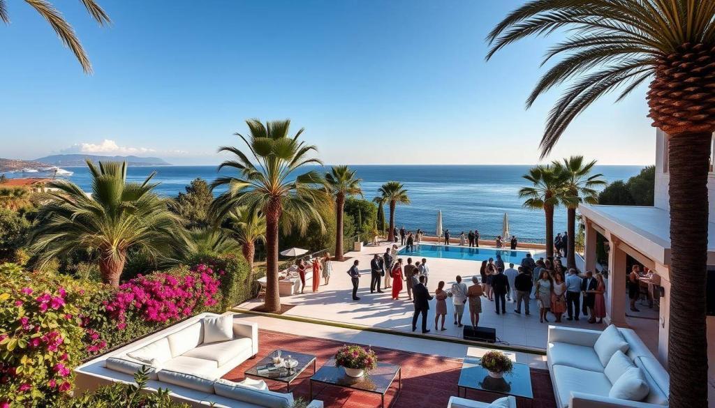 A luxurious garden party on the stunning island of Mallorca, with lush palm trees swaying gently in the warm Mediterranean breeze. In the foreground, an elegant outdoor lounge area with plush white sofas and low glass tables, surrounded by cascading bougainvillea vines. In the middle ground, a large, open-air dance floor where guests sway to the rhythmic beats of a DJ booth, bathed in soft, ambient lighting. In the background, a panoramic view of the azure waters of the Balearic Sea, with the silhouettes of distant yachts dotting the horizon. The overall atmosphere radiates a sense of opulence, exclusivity, and the quintessential Balearic lifestyle.