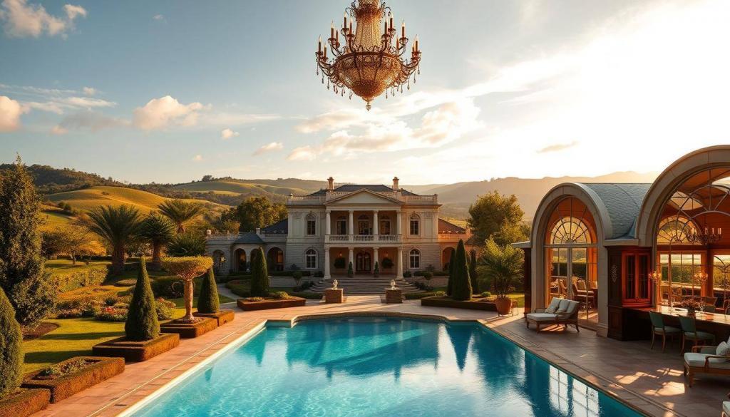 A luxurious mansion nestled amidst rolling hills, its grand facade bathed in warm, golden light. Manicured gardens surround the property, leading to a dazzling, crystalline pool that reflects the sky above. The interior exudes opulence, with high ceilings, ornate chandeliers, and rich, polished wood furnishings. Elegant arched windows frame picturesque vistas of the lush, rolling countryside. A sense of exclusivity and privilege permeates the scene, evoking the lavish lifestyle of the Geiss family. The image conveys a harmonious blend of grandeur, beauty, and the allure of wealth and status.