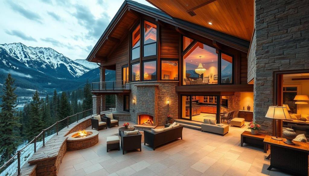 A luxurious mountain chalet nestled in a pristine alpine landscape, surrounded by towering peaks and serene forests. The exterior features a rustic yet refined design with natural stone and timber accents, complemented by expansive floor-to-ceiling windows that offer breathtaking panoramic views. A cozy terrace with a crackling fireplace and plush seating invites guests to relax and soak in the tranquil atmosphere. Inside, the chalet is adorned with high-end furnishings, elegant decor, and sophisticated lighting that creates a warm, inviting ambiance. The spacious, well-appointed interiors seamlessly blend modern comforts with traditional alpine charm, exuding an air of exclusivity and privacy befitting a luxurious mountain retreat.