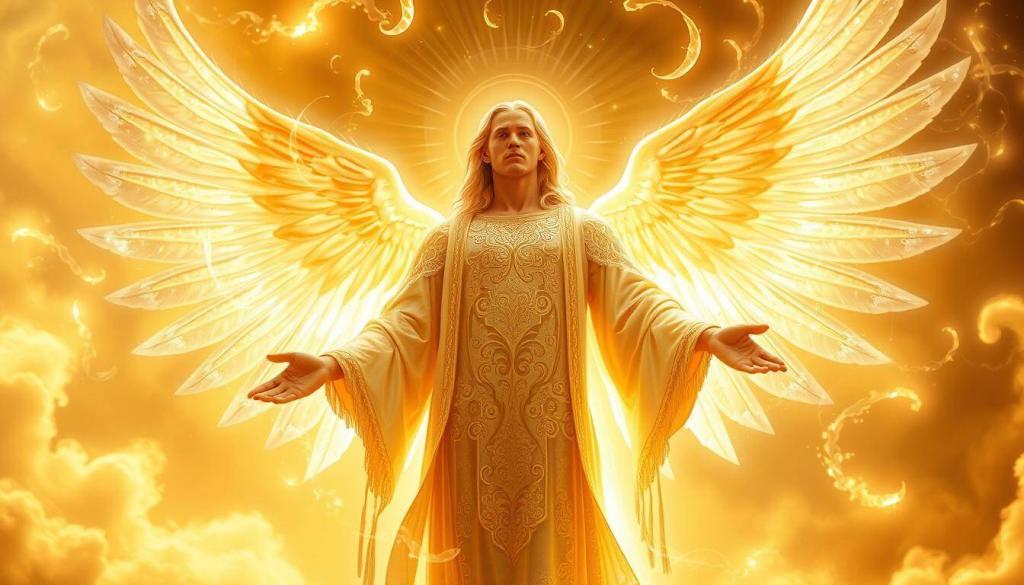 A majestic, ethereal being radiates with divine light, wings outstretched in a celestial pose. Erzengel Jophiel, the Angel of Beauty, stands tall and serene, his visage reflecting a tranquil wisdom. Intricate patterns adorn his robes, shimmering with an otherworldly luminescence. The background is a resplendent, golden-hued realm, filled with swirling celestial energy and wisps of clouds. Soft, diffused lighting bathes the scene, creating a sense of heavenly grace and reverence. This image evokes the essence of Jophiel, the creator and guardian of beauty, perfectly suited to illustrate the section on the significance of archangels in the church.