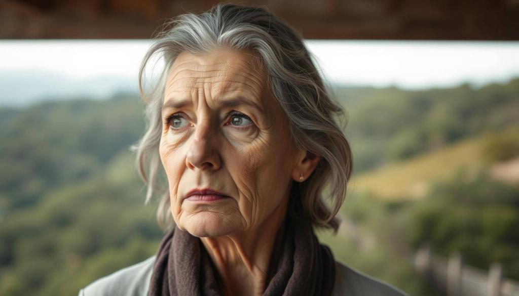 A menopausal woman stands in a serene, natural setting, her face reflecting the complex emotions of this transitional phase. Her greying hair frames a thoughtful, weathered expression as she gazes introspectively. The lighting is soft and diffuse, casting gentle shadows that accentuate the subtle lines and contours of her face. In the background, a lush, verdant landscape unfolds, symbolizing the cycles of nature and the gradual acceptance of this new chapter. The overall mood is one of contemplation, vulnerability, and the quiet strength that emerges from navigating the physical and psychological changes of menopause.
