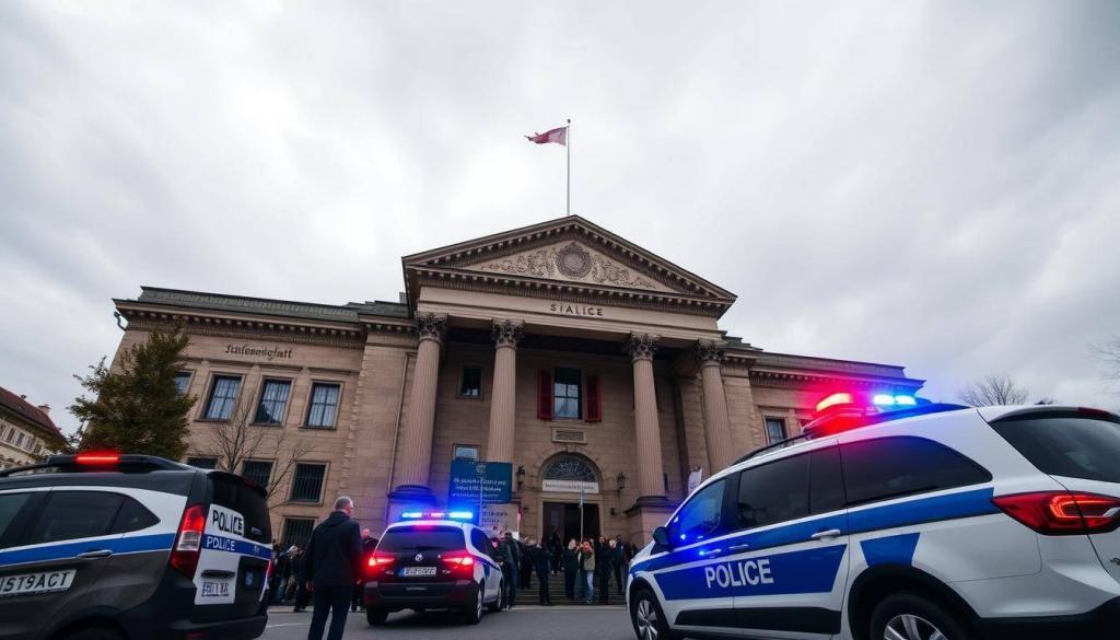 A meticulously crafted courthouse exterior, adorned with grand columns and a weathered stone facade, stands prominently against a cloudy, overcast sky. The imposing building radiates an air of authority and gravitas, hinting at the weighty legal proceedings that transpire within its walls. The foreground is dotted with official vehicles, their red and blue lights casting an ominous glow, while a small crowd of concerned citizens gathers outside, awaiting the outcome of the high-profile investigation. The scene is captured through a wide-angle lens, emphasizing the grandeur and significance of the Staatsanwaltschaft Augsburg, the institution at the heart of this unfolding legal drama.