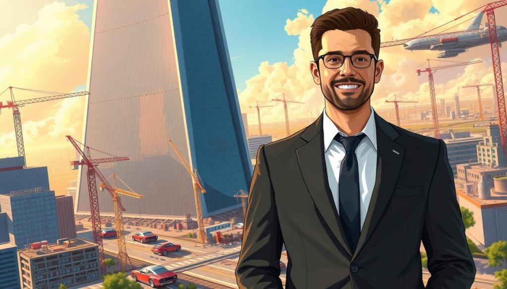 A meticulously detailed digital illustration depicting Marlon Christopher Martinek's future plans and professional ambitions. The foreground shows Martinek, dressed in a sharp business suit, standing confidently in front of a towering skyscraper, symbolizing his aspirations for success and leadership. The middle ground features a bustling cityscape, with cranes and construction sites hinting at Martinek's plans for growth and expansion. The background showcases a vibrant, futuristic landscape, complete with hover cars and advanced technology, suggesting Martinek's vision for innovative, cutting-edge endeavors. The scene is illuminated by a warm, golden light, conveying a sense of optimism and determination. The overall composition evokes a harmonious balance between Martinek's personal drive and his desire to shape the world around him.