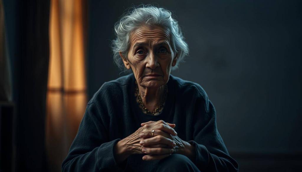 A mid-shot of a worn, weathered woman sitting alone in a dimly lit room, the weight of her past experiences etched into her face. Soft, muted lighting casts shadows that accentuate her pensive expression, suggesting a life of hardship and resilience. The background is blurred, creating a sense of isolation and introspection. Her posture is slumped, hands clasped tightly in her lap, conveying a sense of inner turmoil and a lifetime of burdens. The overall atmosphere is somber, reflective, and evocative of the complex biographical details that have shaped her life.