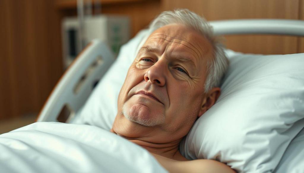 A middle-aged man, Uli Hoeneß, resting comfortably in a hospital bed. His expression is calm and serene, conveying a sense of recovery and healing. The lighting is soft and diffused, creating a warm, soothing atmosphere. The camera angle is slightly elevated, providing a gentle, empathetic perspective. The background is blurred, keeping the focus on Hoeneß's face and upper body. The scene evokes a sense of care, tranquility, and the gradual restoration of health.