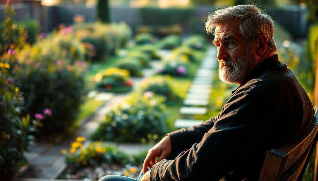 A middle-aged man, Wolfgang, sits pensively on a wooden bench, his gaze fixed on the distance. The foreground is illuminated by soft, warm lighting, casting gentle shadows across his weathered features. In the middle ground, a lush, verdant garden surrounds him, its vibrant colors and well-tended pathways suggesting a sense of tranquility and contemplation. The background fades into a soft, hazy blur, allowing the viewer to focus on the introspective mood of the scene. The overall atmosphere evokes a sense of reflection and a quiet acceptance of the changes in Wolfgang's life, as he contemplates the future after the dissolution of his long-standing partnership.