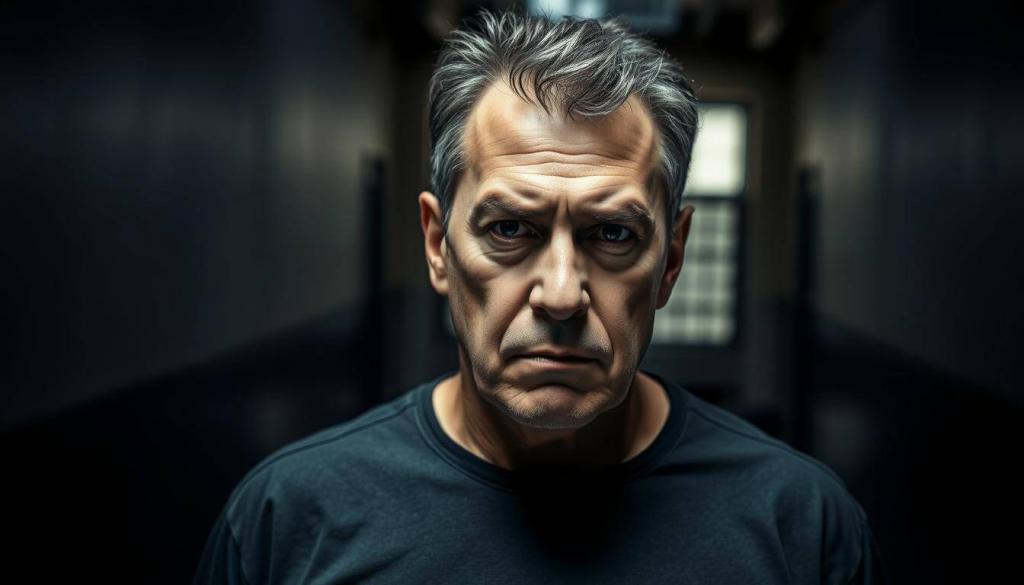A middle-aged man with a stern expression stands in the foreground, his gaze fixed and unwavering. His posture is tense, suggesting an inner turmoil. The lighting is dramatic, casting shadows that accentuate the angles of his face, creating a moody, introspective atmosphere. The background is blurred, with muted colors and hints of institutional architecture, suggesting a correctional facility or secure setting. The overall tone is one of contemplation and the complexities of the human condition, inviting the viewer to consider the nuances of culpability and rehabilitation.