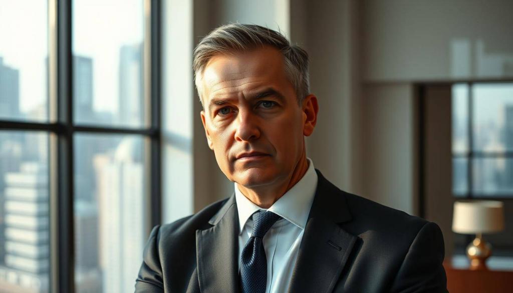 A middle-aged man with sharp features and a serious expression, dressed in a well-tailored dark suit, standing in a modern, minimalist law office. Soft, directional lighting illuminates his face, casting subtle shadows that accentuate his determined gaze. The background is slightly blurred, with a large window overlooking a bustling city skyline, conveying a sense of professionalism and authority. The overall atmosphere is one of competence, integrity, and dedication to the legal profession.