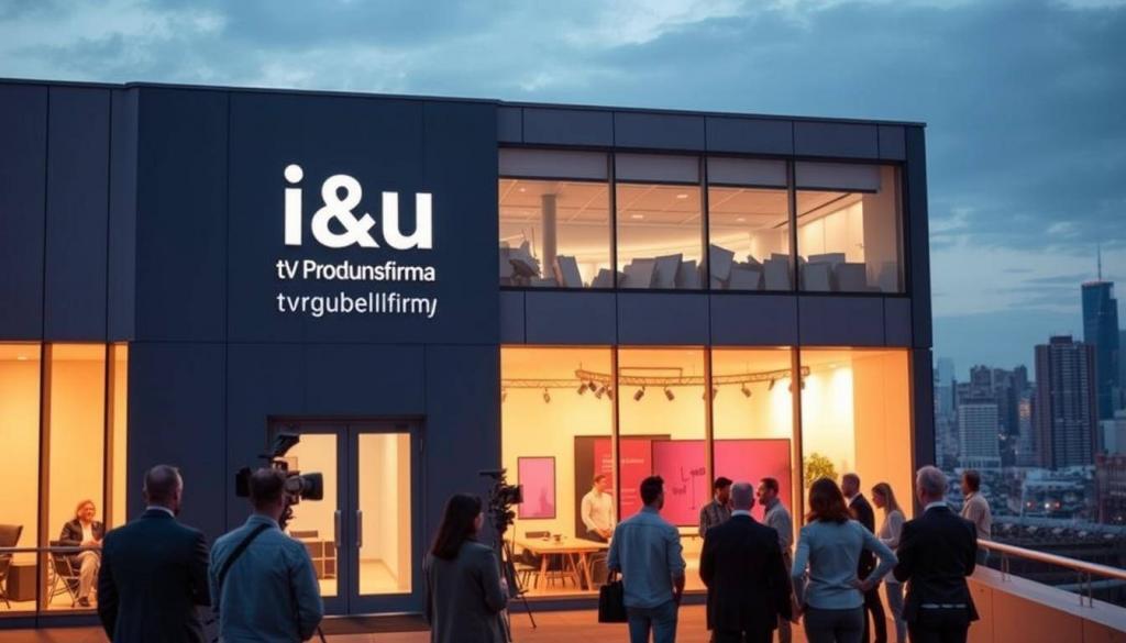 A modern and sleek office building, with a bold and minimalist "i&u TV Produktionsfirma" logo prominently displayed on the facade. The building is illuminated by warm, indirect lighting, casting a cozy and professional atmosphere. In the foreground, a group of people are gathered, engaged in a lively discussion, hinting at the creative and collaborative nature of the production company. The middle ground features a well-equipped studio space, with high-end camera equipment and a backdrop suggesting the company's focus on television production. The background showcases a bustling city skyline, reflecting the dynamic and fast-paced world of the media industry.