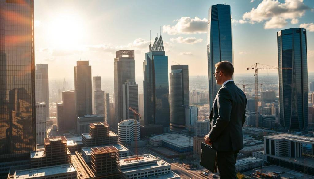 A modern cityscape with towering skyscrapers and sleek high-rise buildings, reflecting the sun's rays in a glimmering display of glass and steel. In the foreground, a businessman in a sharp suit stands with a briefcase, symbolizing the financial power and investment prowess that drives the real estate industry. The middle ground features a construction site, cranes, and workers, representing the ongoing development and growth of the urban landscape. In the background, a sprawling cityscape stretches out, with a blend of traditional and contemporary architectural styles, conveying the dynamic and ever-evolving nature of real estate investments. The scene is bathed in a warm, golden light, creating a sense of prosperity and opportunity. The overall atmosphere exudes a sense of confidence, innovation, and the relentless pursuit of wealth and success.