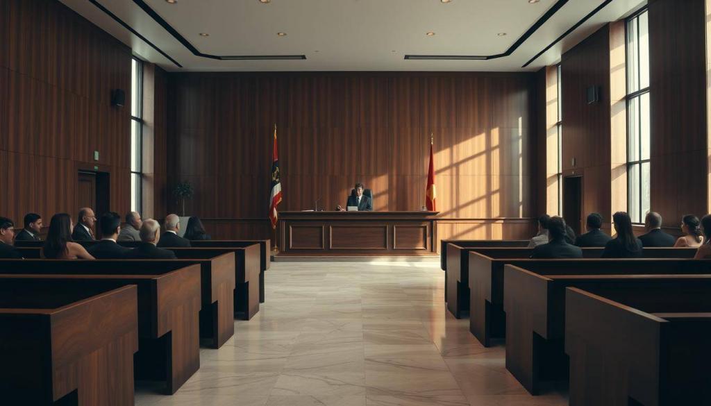 A modern courtroom interior, with sleek wood paneling and polished marble floors. In the center, an imposing judge's bench, its occupant delivering a solemn verdict. Flanking the bench, two rows of oak benches, occupied by a pensive audience. Muted sunlight filters through tall windows, casting a warm glow over the proceedings. The atmosphere is one of sober contemplation, as the weight of the decision hangs palpably in the air. Capture the gravitas of this judicial moment, the gravity of the circumstances that have brought all present to this point.