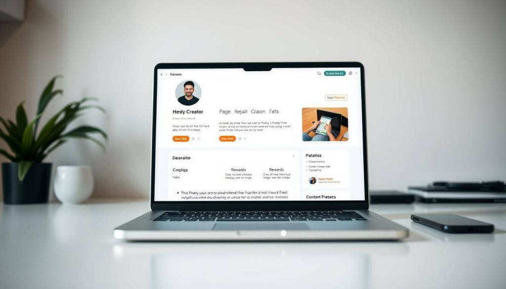 A modern, minimalist Patreon page setup displayed on a laptop screen, set against a clean, light-filled workspace. The page features a prominent creator profile image, an engaging description of the creator's work, and a clear call-to-action for potential patrons. The layout is well-organized, with sections showcasing different content tiers and rewards. The overall design is sleek and visually appealing, reflecting the professionalism and passion of the creator. Soft, directional lighting illuminates the scene, creating a warm, inviting atmosphere. The camera angle is positioned to provide a clear, unobstructed view of the Patreon page, allowing the viewer to easily understand the key elements of the setup.