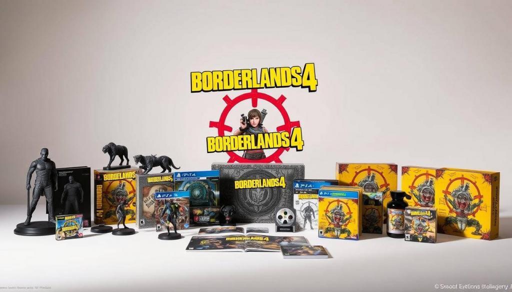 A neatly arranged display of the different Borderlands 4 collector's editions, showcased against a clean, minimalist background. The foreground features the various physical items included in each edition - statues, steelbook cases, artbooks, and more - positioned with care and attention to detail. The middle ground highlights the game cover art and logo, rendered in a high-quality, vibrant fashion. The background subtly incorporates design elements and colors consistent with the Borderlands visual style, creating a cohesive and visually striking composition. Soft, directional lighting accentuates the textures and shapes of the displayed items, while a slightly low camera angle adds a sense of grandeur and importance to the scene.