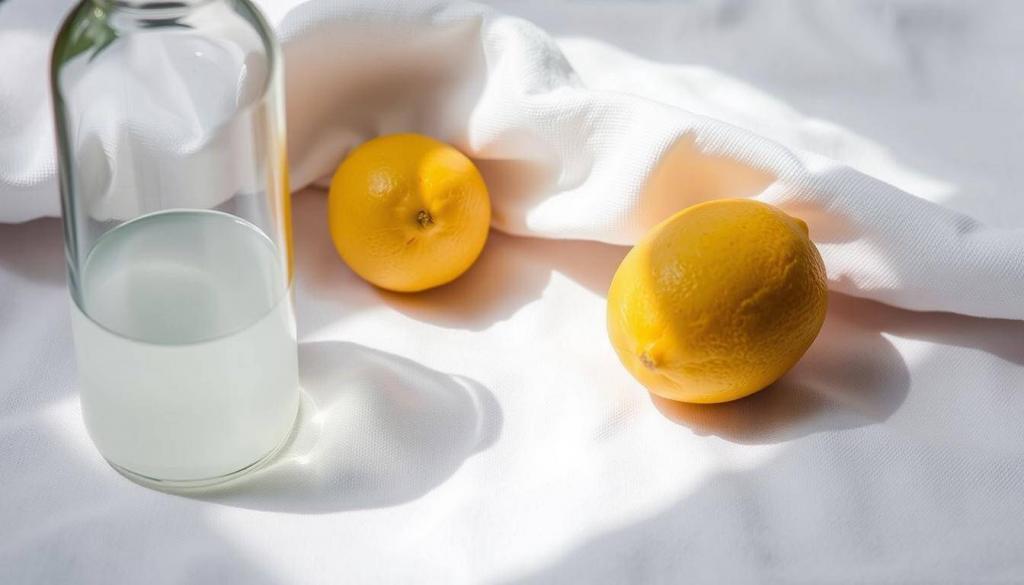 A neatly organized arrangement of natural stain removers. In the foreground, a half-filled glass bottle of white vinegar and a lemon, both casting soft, diffused shadows. In the middle, a white towel or cloth, subtly creased, providing a clean, minimalist backdrop. Soft, natural lighting illuminates the scene, highlighting the vibrant colors and textures of the ingredients. The overall mood is one of simplicity, efficiency, and a commitment to eco-friendly cleaning solutions. The image conveys the idea of a straightforward, natural approach to tackling stubborn stains, in line with the section title "Essig und Zitrone: Natürliche Fleckenentferner".
