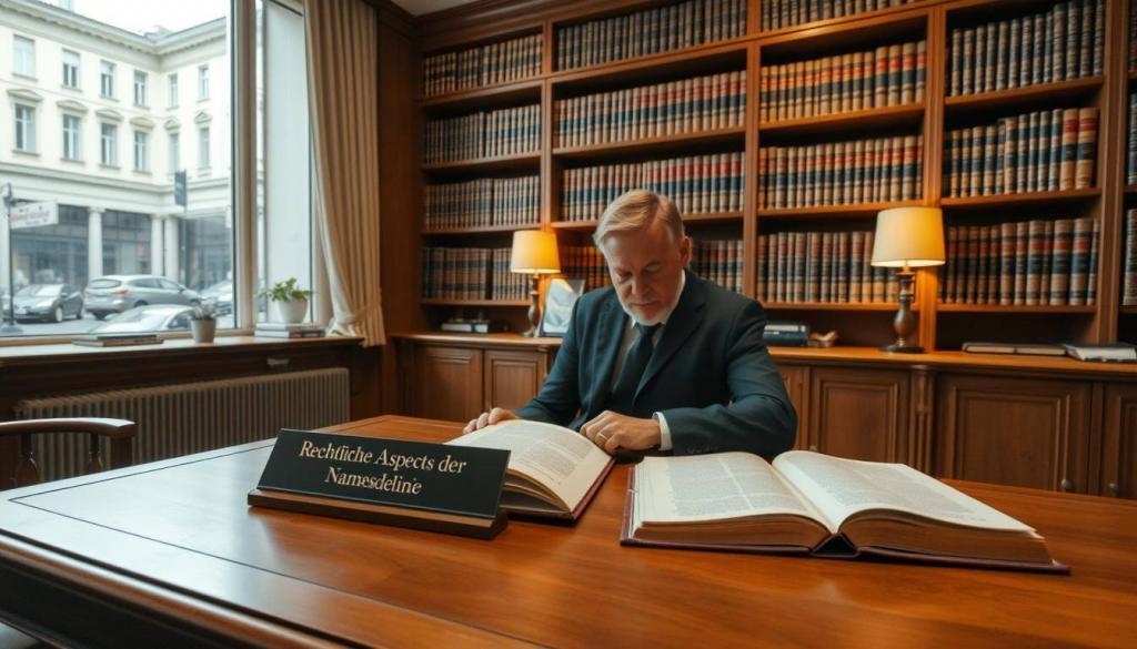 A neatly organized law office, with a large wooden desk at the center. On the desk, an open legal book and a nameplate that reads "Rechtliche Aspekte der Namensgebung". Bookshelves line the walls, filled with volumes of legal codes and reference materials. Soft, warm lighting illuminates the space, creating a professional and authoritative atmosphere. In the foreground, a person in a suit is seated, consulting the open book, their face partially obscured. The background features a large window, providing a glimpse of a bustling city street outside, hinting at the broader legal and societal context.