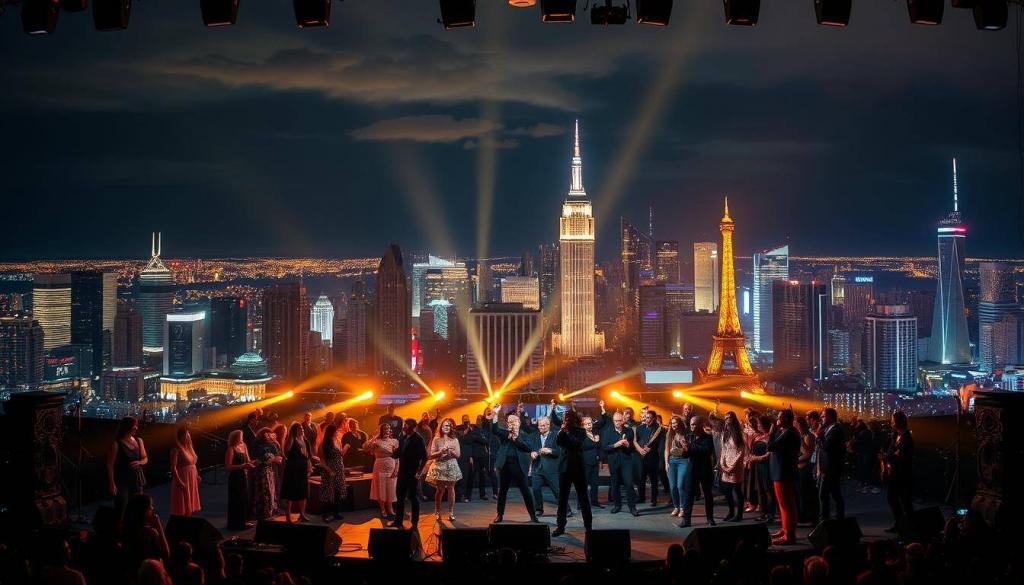 A panoramic cityscape at night, with the iconic skylines of major global cities like New York, London, and Tokyo in the background. In the foreground, a diverse ensemble of Canadian musicians - from pop stars to rock legends - performing on a grand stage, their music and influence radiating outward and connecting with audiences worldwide. Dramatic stage lighting casts dramatic shadows, while the night sky is illuminated by the glow of neon signs and skyscrapers. The scene conveys the global reach and impact of Canadian musical talent, their melodies and rhythms transcending borders and uniting music fans across the globe.