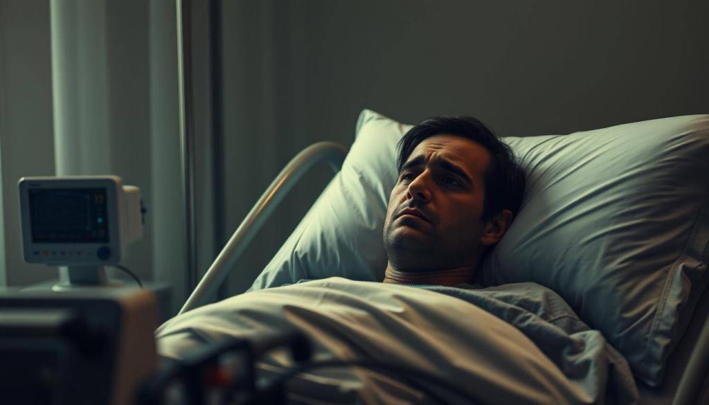A pensive figure lying in a dimly lit hospital bed, their face etched with weary exhaustion. The room is bathed in soft, muted tones, creating an atmosphere of somber contemplation. In the foreground, medical equipment and monitors provide a subtle reminder of the chronic illness that plagues the subject. The background is hazy, with muted colors and subtle textures, drawing the viewer's attention to the central figure and their internal struggle. The lighting is warm and subdued, casting gentle shadows that accentuate the subject's features and convey a sense of vulnerability. The overall scene evokes a sense of quiet introspection, reflecting the personal journey of the individual navigating the challenges of a chronic condition.