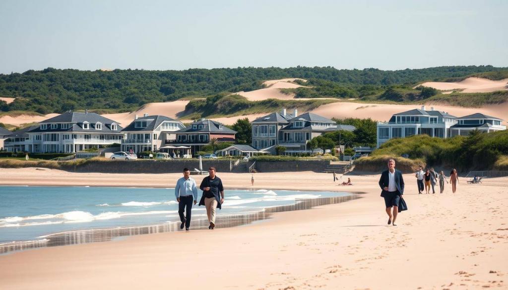 A picturesque beach on the island of Sylt, a renowned vacation destination for German celebrities. The scene captures the tranquil atmosphere, with sun-drenched sand and gently lapping waves. In the foreground, a group of well-dressed individuals stroll along the shoreline, enjoying the privacy and exclusivity of this exclusive retreat. The middle ground features upscale beach houses and elegant seaside resorts, their architectural details reflecting the island's sophisticated charm. In the background, the rolling dunes and lush green landscapes create a serene and secluded ambiance, providing a peaceful haven for the famous guests seeking to escape the public eye.