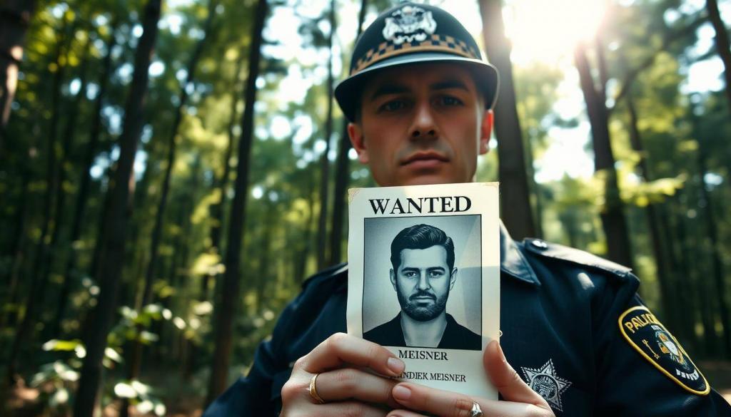 A police officer standing in a wooded area, holding a photograph of a wanted man, Alexander Meisner, with a serious expression on their face. The background is a dense forest, with sunlight filtering through the trees, creating a somber, investigative atmosphere. The photograph is clear and detailed, showcasing Meisner's distinctive features. The lighting is dramatic, casting shadows that add depth and tension to the scene. The camera angle is slightly elevated, giving a sense of authority and the urgency of the search. The overall tone is one of determination and the weight of the investigation.