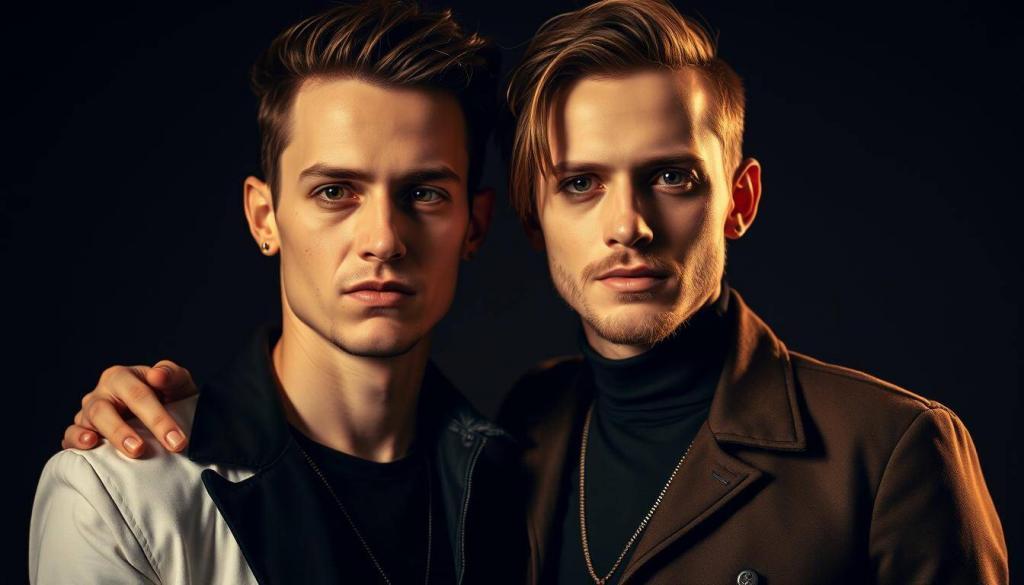 A portrait of Bill and Tom Kaulitz, the famous German twin brothers, standing together in a warm, brotherly embrace. The twins are dressed in stylish, contemporary fashion, their matching hairstyles and facial features highlighting their strong familial bond. The lighting is soft and flattering, casting a gentle glow on their faces and creating an intimate, almost cinematic atmosphere. The background is blurred, keeping the focus solely on the two brothers and their powerful, undeniable connection as they gaze intently at the camera. The overall composition and mood convey the deep, unwavering relationship between Bill and Tom, the driving force behind their successful music career and public personas.