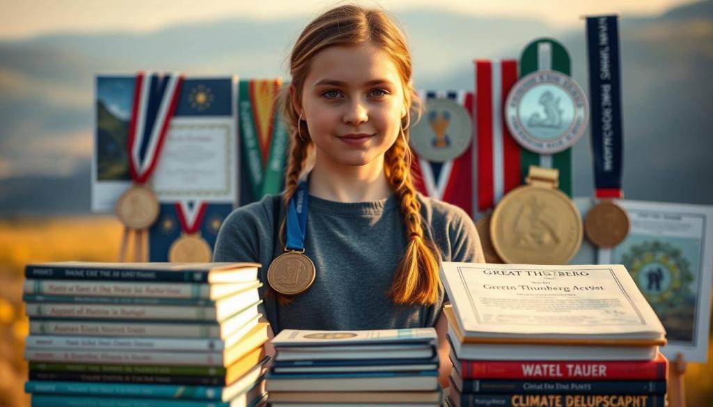 A portrait of Greta Thunberg, the renowned climate activist, standing confidently against a backdrop of various environmental awards and accolades she has received over the years. The scene is illuminated by warm, natural lighting, capturing the earnestness and determination in her gaze. In the foreground, a stack of books showcases her published works, a testament to her influential voice and the global impact of her activism. The middle ground features a display of monetary prizes, including medals and certificates, highlighting the recognition and financial support she has garnered for her efforts in addressing the climate crisis. The background is a soft, blurred landscape, emphasizing the global scale of her work and the international significance of her message.