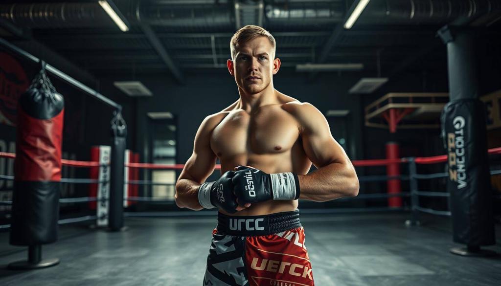 A professional MMA fighter, Christian Eckerlin, standing in a well-lit gym, hands wrapped, wearing custom fight shorts. In the background, various training equipment like punching bags, weights, and a boxing ring create a gritty, high-intensity atmosphere. The lighting is dramatic, casting shadows that accentuate the contours of his muscular physique. The camera angle is slightly low, emphasizing his powerful presence and the determination in his eyes, conveying the dedication and hard work required to succeed in this demanding sport. The overall scene reflects the diverse income streams of a successful MMA fighter, from fight purses to sponsorships and endorsements.