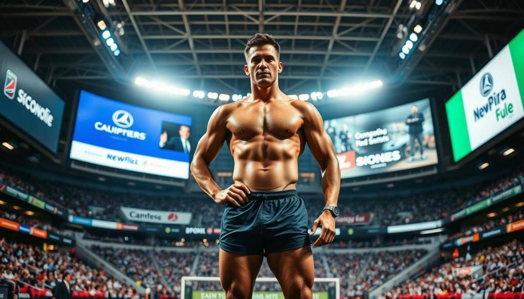 A professional athlete stands in a well-lit, modern stadium, surrounded by corporate branding and billboards. The foreground features the athlete in a dynamic pose, showcasing their skills and athleticism. The middle ground displays a variety of sponsorship logos and advertisements, highlighting the commercial opportunities available to high-profile sports stars. The background depicts the expansive stadium interior, with spectators in the stands and the stadium architecture creating a sense of scale and grandeur. The lighting is crisp and directional, casting dramatic shadows and highlighting the athlete's physique. The overall mood conveys the lucrative intersection of sports, media, and corporate sponsorship.