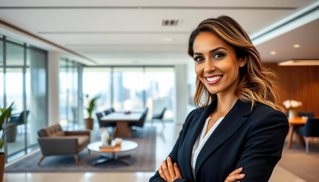 A professional, elegant portrait of Jessica Alba, founder of The Honest Company, set against a backdrop of modern office spaces and meeting rooms. Alba stands in the foreground, radiating confidence and success, dressed in a chic, tailored business attire. Soft, directional lighting illuminates her face, highlighting her natural beauty. The mid-ground features minimalist furniture and decor, reflecting the brand's clean, minimalist aesthetic. The background blends seamless office spaces with glimpses of the city skyline, creating a sense of scale and established success. The overall mood is one of professionalism, empowerment, and the journey from Hollywood to entrepreneurship.