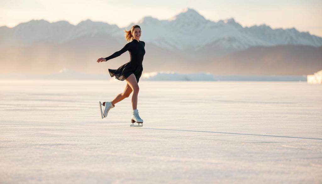 A professional figure skater gracefully gliding across a vast, frozen ice rink, the blades of her skates leaving delicate patterns in the pristine surface. In the foreground, the skater's elegant movements are captured in a soft, warm lighting, her facial expression conveying a sense of focus and determination. In the middle ground, the ice rink is surrounded by a majestic, snow-capped mountain range, the peaks towering in the distance. The background is hazy, with a faint, golden glow reflecting off the ice, creating a dreamlike, serene atmosphere. The overall composition evokes the beauty, precision, and passion of a successful figure skating career.