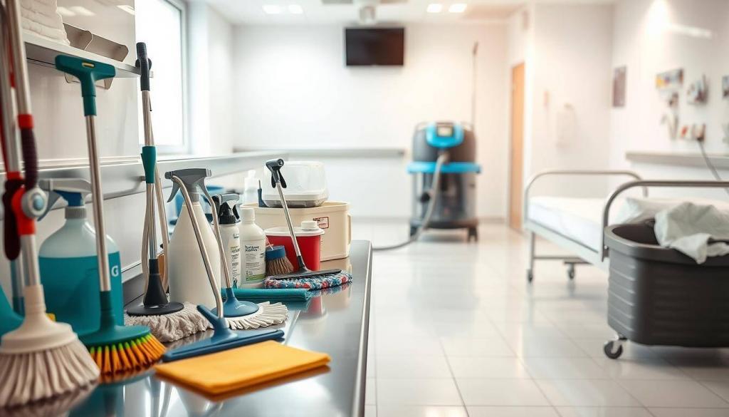 A professional, high-quality, and hygienic cleaning setup in a modern healthcare facility. The foreground depicts a range of cleaning supplies and equipment, including scrub brushes, mops, disinfectant sprays, and microfiber cloths, all neatly arranged on a sleek, stainless steel workbench. The middle ground showcases a hospital-grade vacuum cleaner and a steam cleaning machine, both ready for efficient and thorough mattress and surface cleaning. The background features a well-lit, pristine room with white walls and tiled floors, conveying a sense of cleanliness and attention to detail. Soft, natural lighting casts a warm glow over the scene, emphasizing the professionalism and care put into maintaining the highest hygiene standards in a nursing home environment.