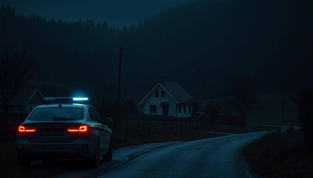 A quiet, rural village nestled in the rolling hills of the Westerwald region. The scene depicts a quaint, picturesque landscape, shrouded in a somber, unsettling atmosphere. In the foreground, a lone police car stands vigilant, its lights casting an eerie glow across the scene. In the middle ground, a modest, nondescript house stands, its windows dark and lifeless, conveying a sense of dread and unease. The background is filled with a dense, ominous forest, its shadows concealing the horrors that have unfolded within this peaceful community. The lighting is low and moody, creating a palpable tension and a sense of foreboding. The camera angle is slightly elevated, giving the viewer a sense of detachment and observation, as if witnessing the aftermath of a tragic event.