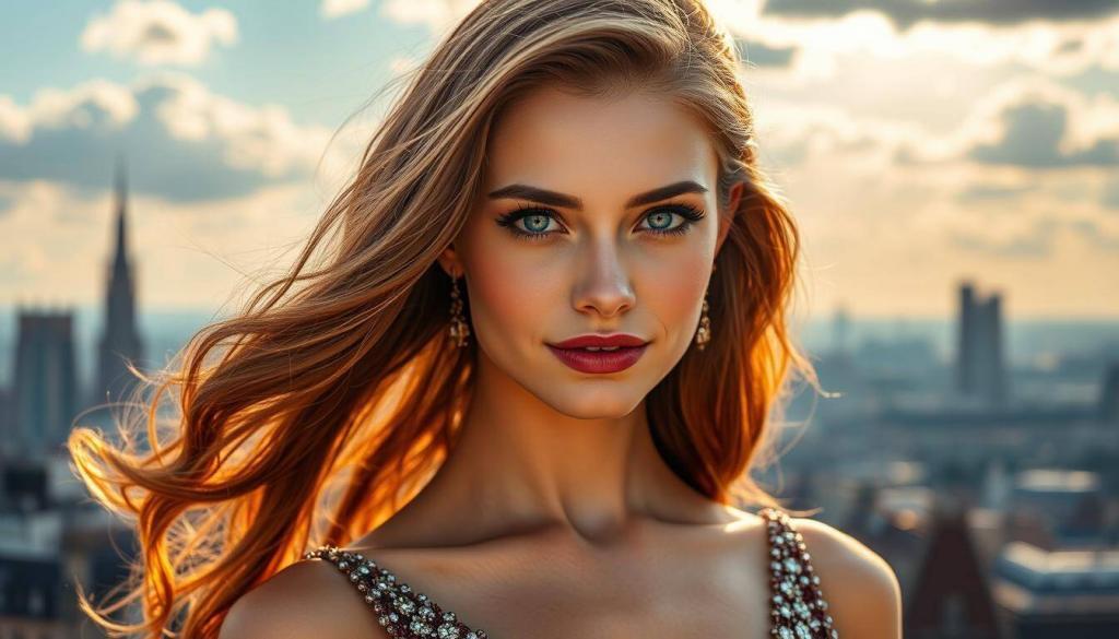 A radiant young woman with striking features, Sophie Imelmann, stands confidently in a glamorous evening gown. Sunlight filters through soft clouds, casting a warm, golden glow on her porcelain skin and cascading chestnut hair. Her piercing blue eyes exude a captivating confidence, hinting at her journey from small-town Niedersachsen to the bright lights of Köln 50667. In the background, the skyline of the historic city of Köln frames the scene, a testament to Sophie's rise to prominence as an acclaimed actress and beauty queen.
