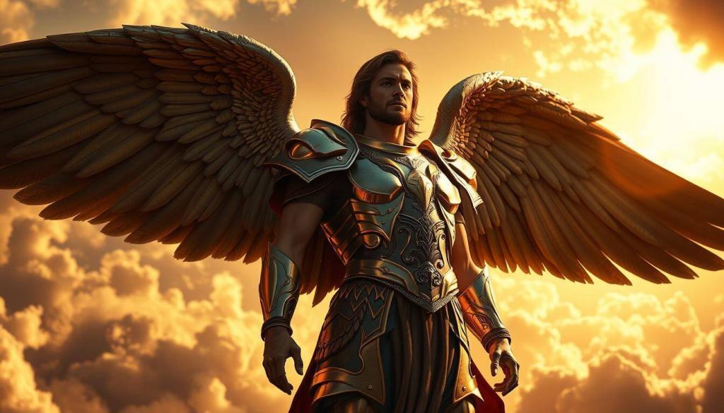 A resplendent Archangel Michael, clad in gleaming armor, stands tall and majestic, his wings outstretched in a powerful display of celestial might. His chiseled features are illuminated by a warm, golden light that bathes the scene, casting dramatic shadows that accentuate his heroic presence. In the background, swirling clouds part to reveal a glimpse of the heavenly realm, hinting at the angelic host that Michael commands as the leader of the divine armies. The atmosphere is one of awe-inspiring grandeur, befitting the guardian and protector of the faithful, who vanquishes the forces of darkness with unwavering determination.