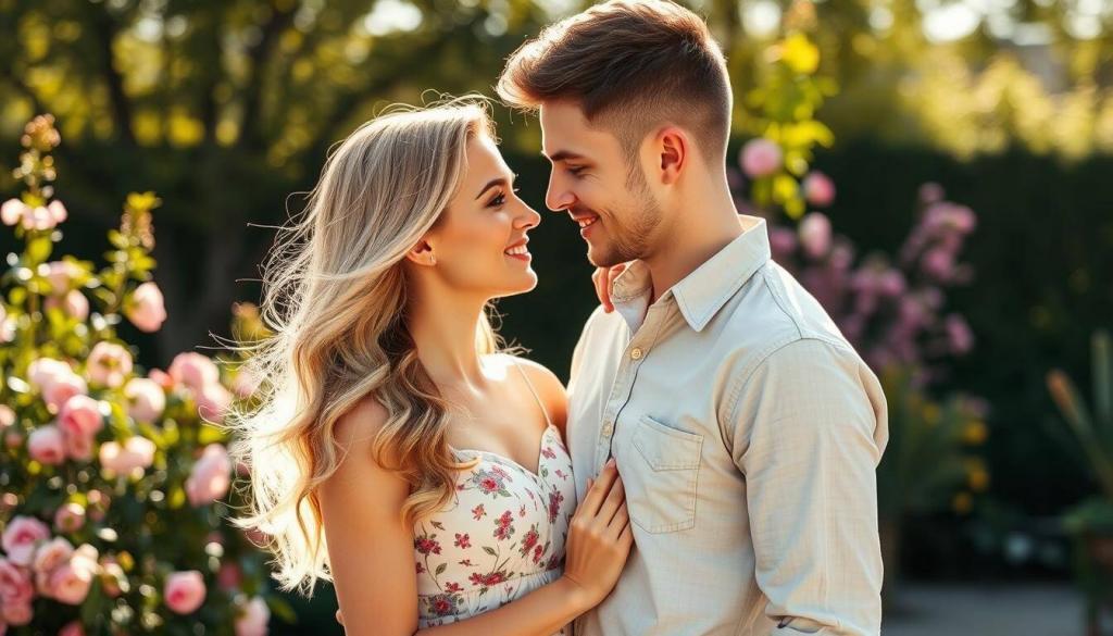 A romantic and heartwarming portrait of the new "Sturm der Liebe" dream couple, Fanny Schätzl and Kilian Rudloff. Set against a warm, sun-dappled garden backdrop, the pair stand closely together, gazing tenderly into each other's eyes. Fanny, a young, radiant woman with flowing blonde hair, wears a delicate floral dress. Kilian, a handsome and kind-eyed man, stands by her side, one hand gently resting on her waist. The lighting is soft and flattering, creating a sense of intimacy and connection between the two. The focus is sharp on their faces, conveying the depth of their affection, while the lush greenery and blooming flowers in the background add a sense of natural beauty and tranquility to the scene.